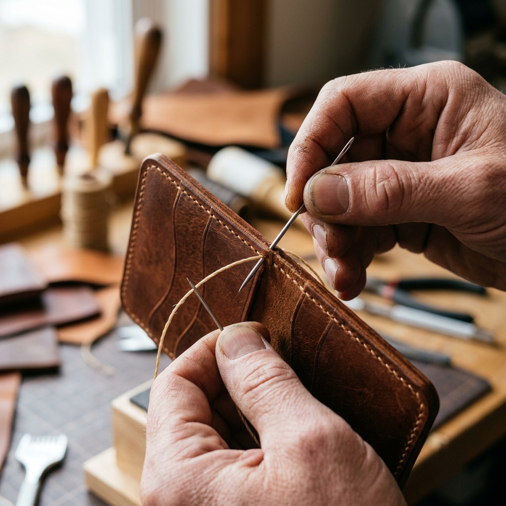 Hand stitching a leather wallet