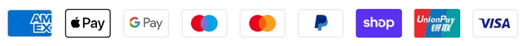 Secure methods: Amex, Apple Pay, Google Pay, Mastercard, PayPal, Shop Pay, Visa