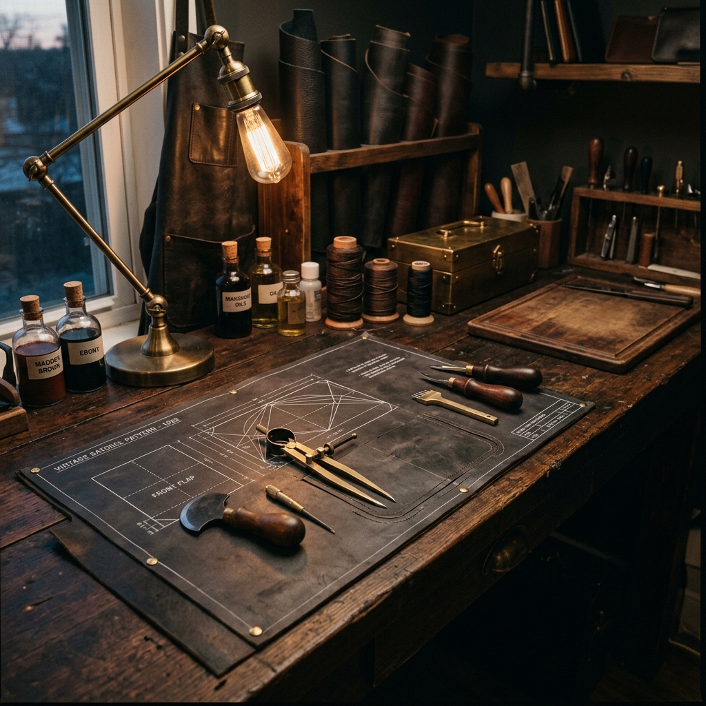 Leathercraft workbench with blueprints and tools